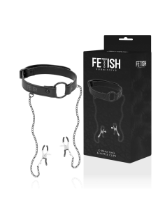 FETISH SUBMISSIVE - Anilla Mordaza con Pinzas para Pezones | Juguete BDSM Ajustable de Cuero Vegano