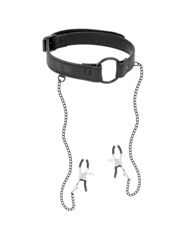 FETISH SUBMISSIVE - Anilla Mordaza con Pinzas para Pezones | Juguete BDSM Ajustable de Cuero Vegano