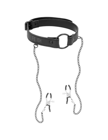FETISH SUBMISSIVE - Anilla Mordaza con Pinzas para Pezones | Juguete BDSM Ajustable de Cuero Vegano
