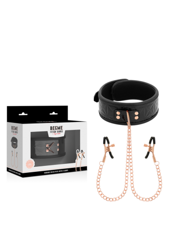 BEGME - Black Edition: Collar con Cadenas y Pinzas para Pezones de Neopreno para Placer BDSM