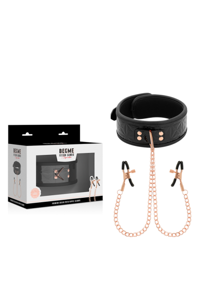 BEGME - Black Edition: Collar con Cadenas y Pinzas para Pezones de Neopreno para Placer BDSM