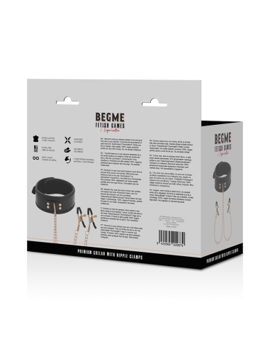 BEGME - Black Edition: Collar con Cadenas y Pinzas para Pezones de Neopreno para Placer BDSM