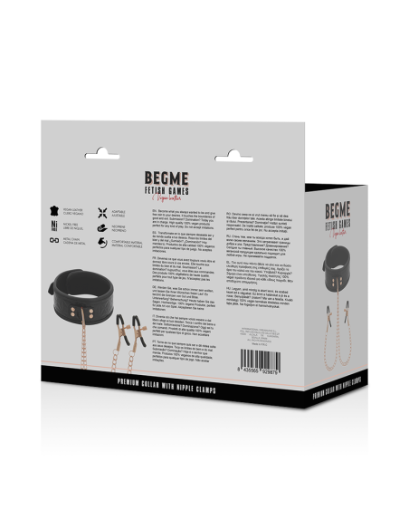 BEGME - Black Edition: Collar con Cadenas y Pinzas para Pezones de Neopreno para Placer BDSM