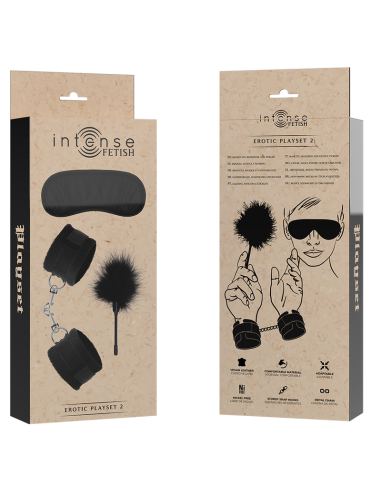 INTENSE - Set Erótico Fetish: Esposas, Antifaz y Plumero de Cuero Vegano para Placer y Sensualidad