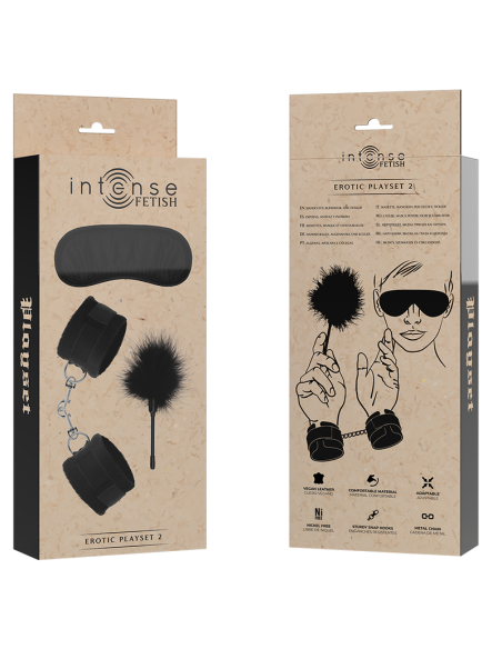 INTENSE - Set Erótico Fetish: Esposas, Antifaz y Plumero de Cuero Vegano para Placer y Sensualidad