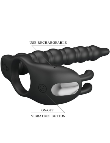 Pretty Love Blackney - Anillo Pene Vibrador Negros de 7 Funciones para Erecciones Prolongadas y Placer Compartido