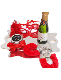 INEDIT Kit Erótico Rojo: Máscara Veneciana, Vela Fragante, Esposas y Cava