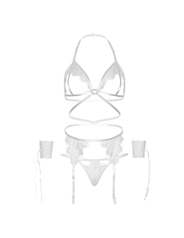 LEG AVENUE - SET CUATRO PIEZAS SUJETADOR, LIGUERO, TANGA Y PUÑOS TALLA ÚNICA - BLANCO