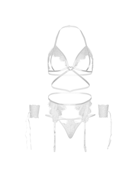 LEG AVENUE - SET CUATRO PIEZAS SUJETADOR, LIGUERO, TANGA Y PUÑOS TALLA ÚNICA - BLANCO