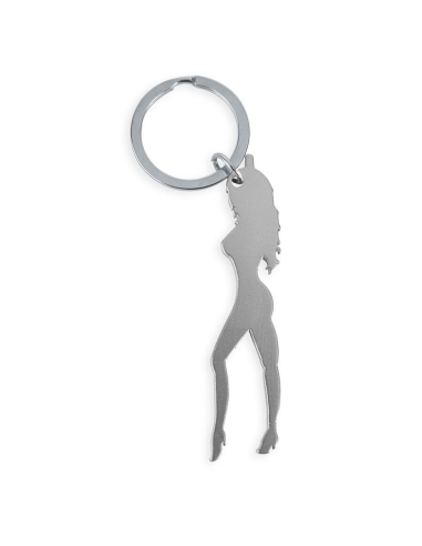DIABLO PICANTE - LLAVERO CON SILUETA DE MUJER COLOR PLATA CON ABRIDOR DE CERVEZA