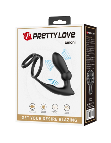 PRETTY LOVE - EMONI ANILLO PENE PLUG ANAL 12 VIBRACIONES NEGRO