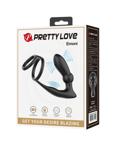 PRETTY LOVE - EMONI ANILLO PENE PLUG ANAL 12 VIBRACIONES NEGRO