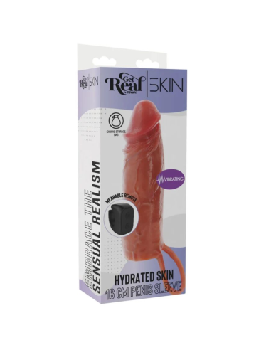 GET REAL - FUNDA HYDRATED SKIN DE SILICONA CON VIBRACIÓN PARA PENE CARAMELO 16 CM