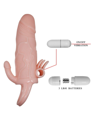 BAILE - BRAVE MAN FUNDA PENE ANAL Y CLITORIS VIBRADOR 16.5 CM NATURAL