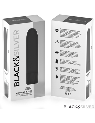 BLACK and SILVER - GERI BALA VIBRADORA RECARGABLE POR USB 8 VIBRACIONES NEGRO 10 X 2.2 CM