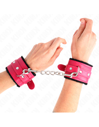 KINK - MUÑEQUERAS FORRADAS PREMIUM NEGRO CON CORREA FUCSIA AJUSTABLE 17-29 CM X 6 CM
