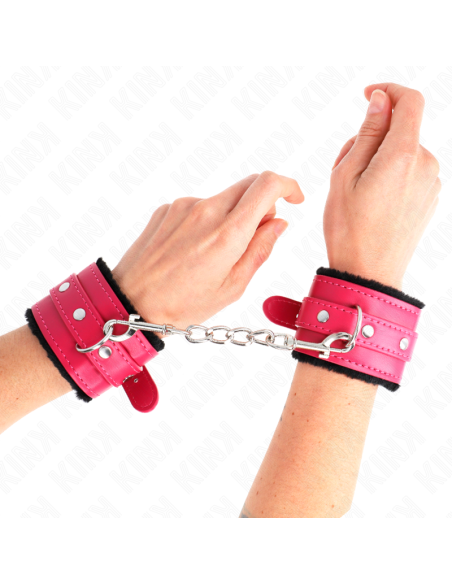 KINK - MUÑEQUERAS FORRADAS PREMIUM NEGRO CON CORREA FUCSIA AJUSTABLE 17-29 CM X 6 CM