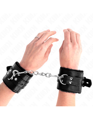 KINK - MUÑEQUERAS FORRADAS CON AGUJEROS CUADRADOS NEGRO Y CORREA NEGRO AJUSTABLE 17-29 CM X 6 CM