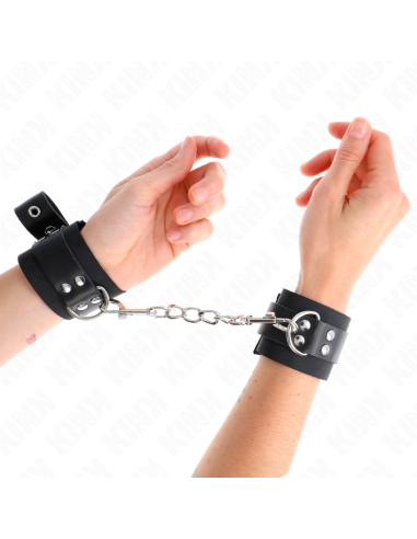 KINK - MUÑEQUERAS DE NYLON NEGRO CON CORREA CUERO NEGRO AJUSTABLE 19-29 CM X 5.1 CM