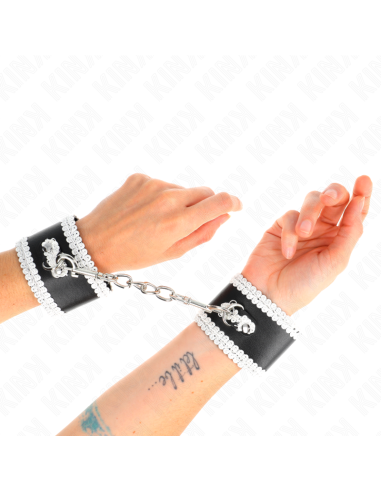 KINK - MUÑEQUERAS NEGRO CON ENCAJE DECORATIVO BLANCO AJUSTABLE 20-23 CM X 5.5 CM