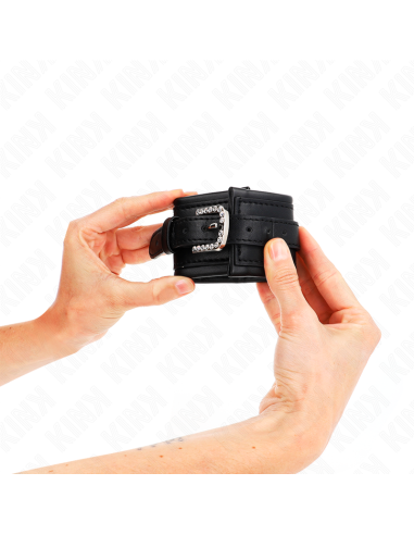 KINK - MUÑEQUERAS NEGRO CON HEBILLA DE DIAMANTES DE IMITACIÓN AJUSTABLE 25-32 CM X 5.5 CM