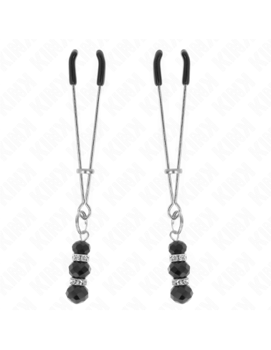 KINK - PINZAS PARA PEZONES PLATEADA FINA CON TRIPLE BOLA DE VIDRIO NEGRO 7 CM