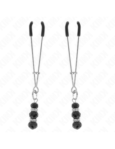 KINK - PINZAS PARA PEZONES PLATEADA FINA CON TRIPLE BOLA DE VIDRIO NEGRO 7 CM