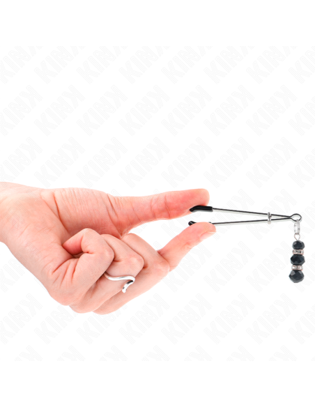 KINK - PINZAS PARA PEZONES PLATEADA FINA CON TRIPLE BOLA DE VIDRIO NEGRO 7 CM
