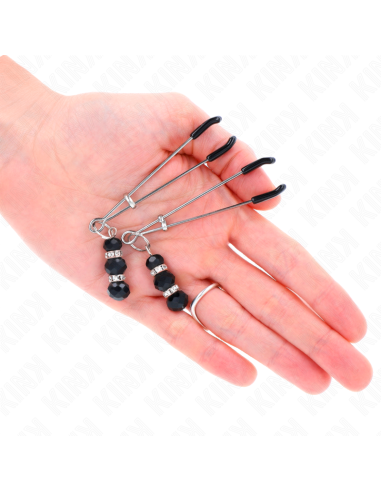 KINK - PINZAS PARA PEZONES PLATEADA FINA CON TRIPLE BOLA DE VIDRIO NEGRO 7 CM