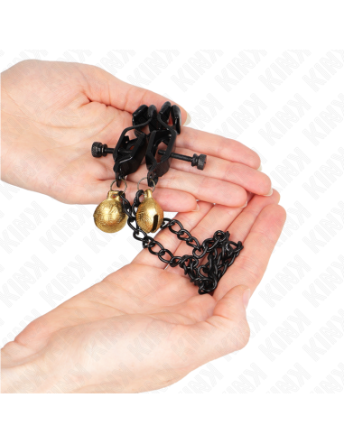 KINK - PINZAS PARA PEZONES PLANAS NEGRO CON CASCABEL Y CADENA PLATEADO 30 CM
