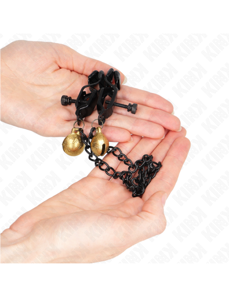 KINK - PINZAS PARA PEZONES PLANAS NEGRO CON CASCABEL Y CADENA PLATEADO 30 CM