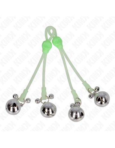 KINK - PINZAS PARA PEZONES LUMINOSAS FORMA CALABERA CON CASCABEL SONORO AJUSTABLE VERDE - PLATEADO