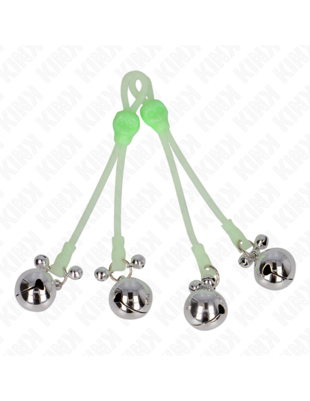 KINK - PINZAS PARA PEZONES LUMINOSAS FORMA CALABERA CON CASCABEL SONORO AJUSTABLE VERDE - PLATEADO