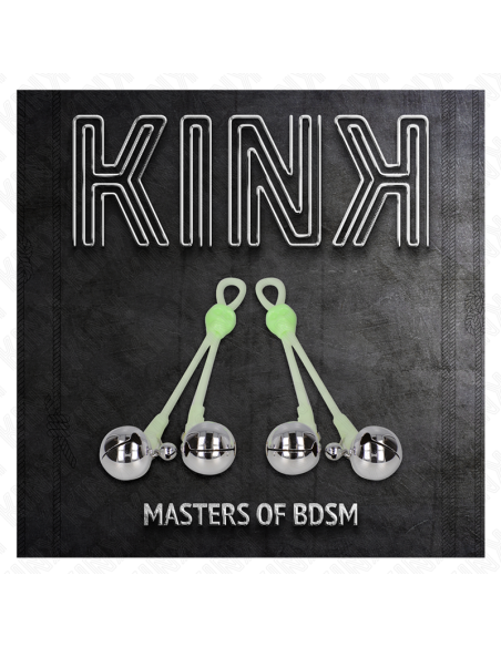 KINK - PINZAS PARA PEZONES LUMINOSAS FORMA CALABERA CON CASCABEL SONORO AJUSTABLE VERDE - PLATEADO