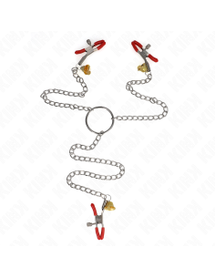 KINK - PINZAS PARA PEZONES Y CLÍTORIS ROJAS CON CASCABEL DORADO Y CADENA 30 CM