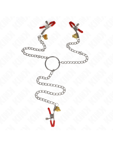 KINK - PINZAS PARA PEZONES Y CLÍTORIS ROJAS CON CASCABEL DORADO Y CADENA 30 CM