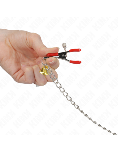 KINK - PINZAS PARA PEZONES Y CLÍTORIS ROJAS CON CASCABEL DORADO Y CADENA 30 CM