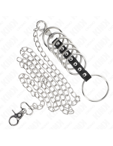 KINK - 7 ANILLOS PENE METAL 3.8 CM A 5 CM CONECTADOS CON POLIPIEL Y CADENA METAL 100 CM