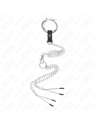 KINK - ANILLO PENE TRIPLE METAL CROMADO 3 CM A 4.5 CM CON CADENA METAL 26 CM Y PINZAS PARA PEZONES