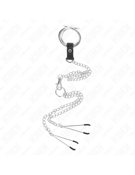 KINK - ANILLO PENE TRIPLE METAL CROMADO 3 CM A 4.5 CM CON CADENA METAL 26 CM Y PINZAS PARA PEZONES