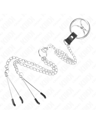 KINK - ANILLO PENE TRIPLE METAL CROMADO 3 CM A 4.5 CM CON CADENA METAL 26 CM Y PINZAS PARA PEZONES