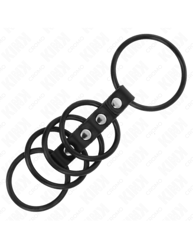 KINK - 5 ANILLOS PENE SILICONA 3.8 CM A 4.8 CM CONECTADOS POR CUERO