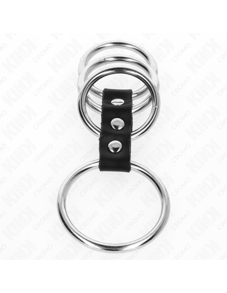 KINK - 4 ANILLOS PENE METAL 3.7 CM A 5 CM CONECTADOS POR CUERO