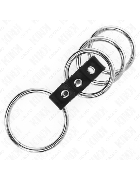 KINK - 4 ANILLOS PENE METAL 3.7 CM A 5 CM CONECTADOS POR CUERO