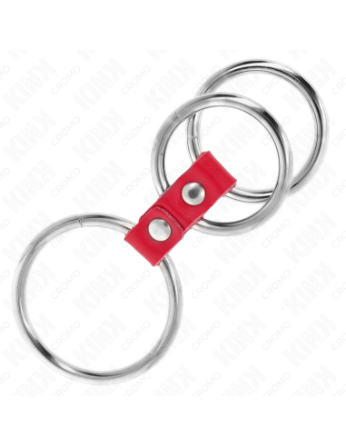 KINK - ANILLO PENE TRIPLE METAL 3.7 CM A 5 CM CONECTADOS CON CUERO ROJO