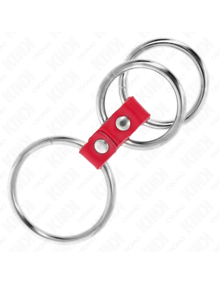 KINK - ANILLO PENE TRIPLE METAL 3.7 CM A 5 CM CONECTADOS CON CUERO ROJO