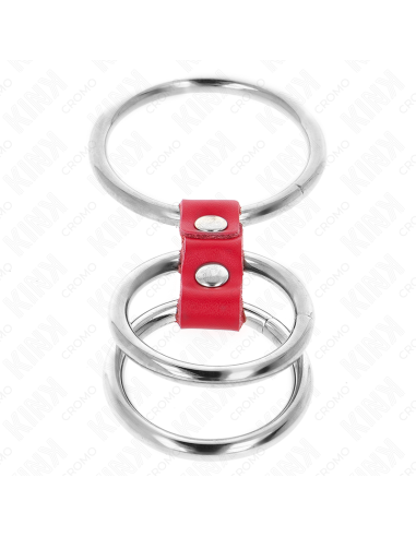 KINK - ANILLO PENE TRIPLE METAL 3.7 CM A 5 CM CONECTADOS CON CUERO ROJO