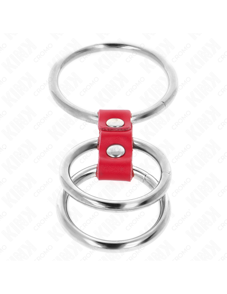 KINK - ANILLO PENE TRIPLE METAL 3.7 CM A 5 CM CONECTADOS CON CUERO ROJO