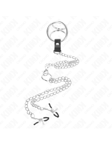 KINK - ANILLO PENE TRIPLE METAL CROMADO 3.8 CM A 5 CM CON CADENA METAL 26 CM Y PINZAS PARA PEZONES MODELO 1