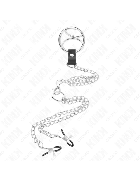 KINK - ANILLO PENE TRIPLE METAL CROMADO 3.8 CM A 5 CM CON CADENA METAL 26 CM Y PINZAS PARA PEZONES MODELO 1